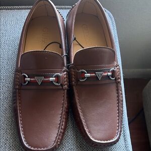 Guess Men's Brown Leather Loafers with Red and Silver Details